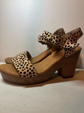 Pierre Dumas Leopard Print Wedge Sandals with Gold Buckle